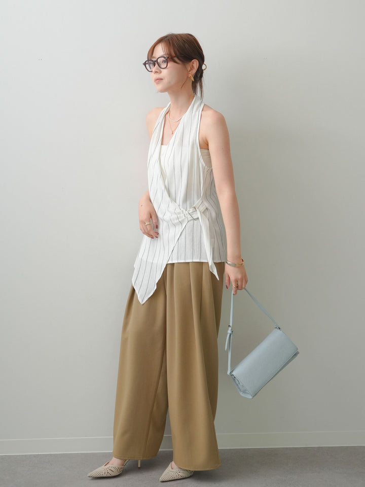 [SET]ストライプカシュクールジレ+クレープデシンタックワイドパンツ(2set)