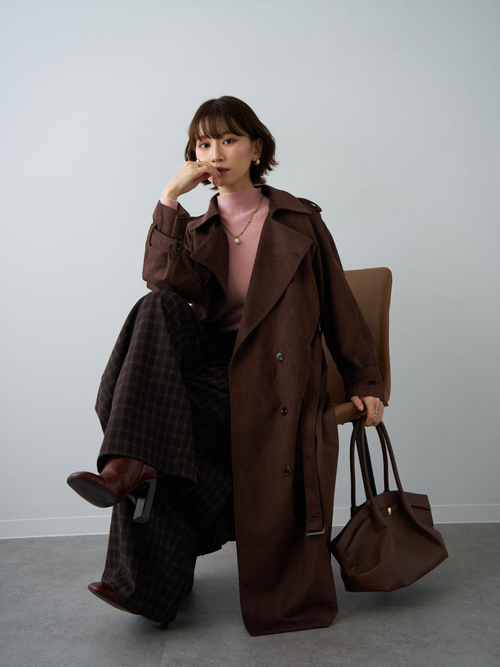 [SET]スウェードタッチロングトレンチコート+リブモックネックニットトップス(2set)