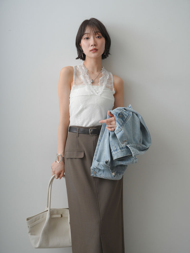 [SET]フラップデザインデニムジャケット+クレープデシンフラップ付きストレートスカート(2set)