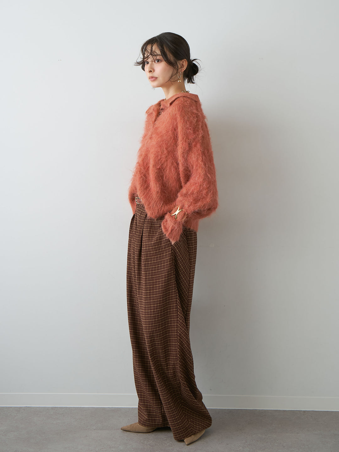 [SET]ヘンリーシャギーニットトップス+チェックタックワイドパンツ(2set)
