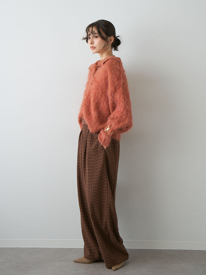 [SET]ヘンリーシャギーニットトップス+チェックタックワイドパンツ(2set)