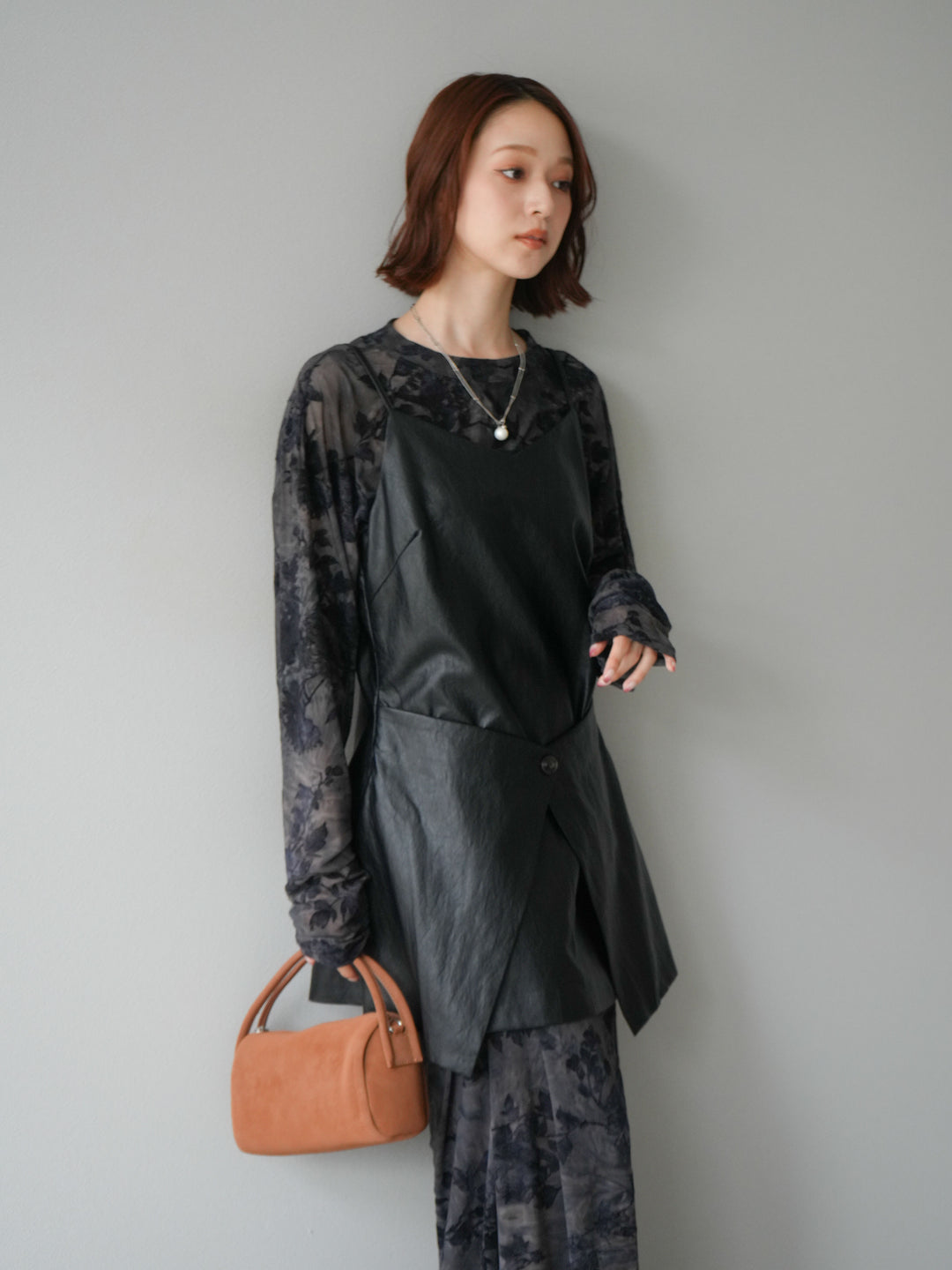 [予約]レイヤードレザーキャミソールチュニック/ブラック