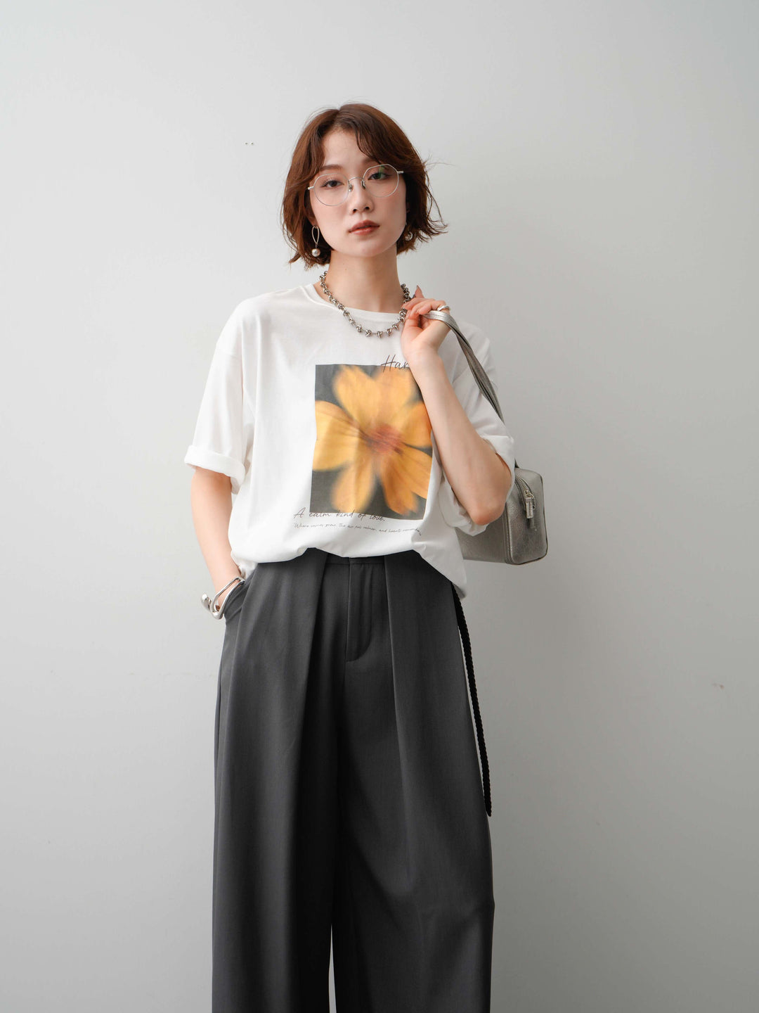 [SET]フラワーフォトTEE+ベルトループデザインワイドパンツ(2set)