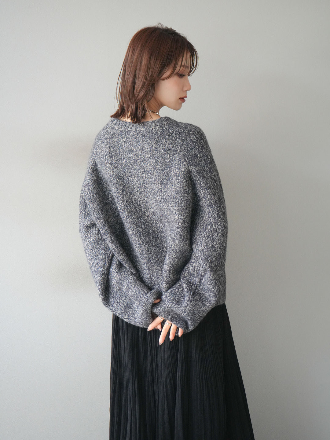 [予約]クルーネック畦編みミックスニット/navy