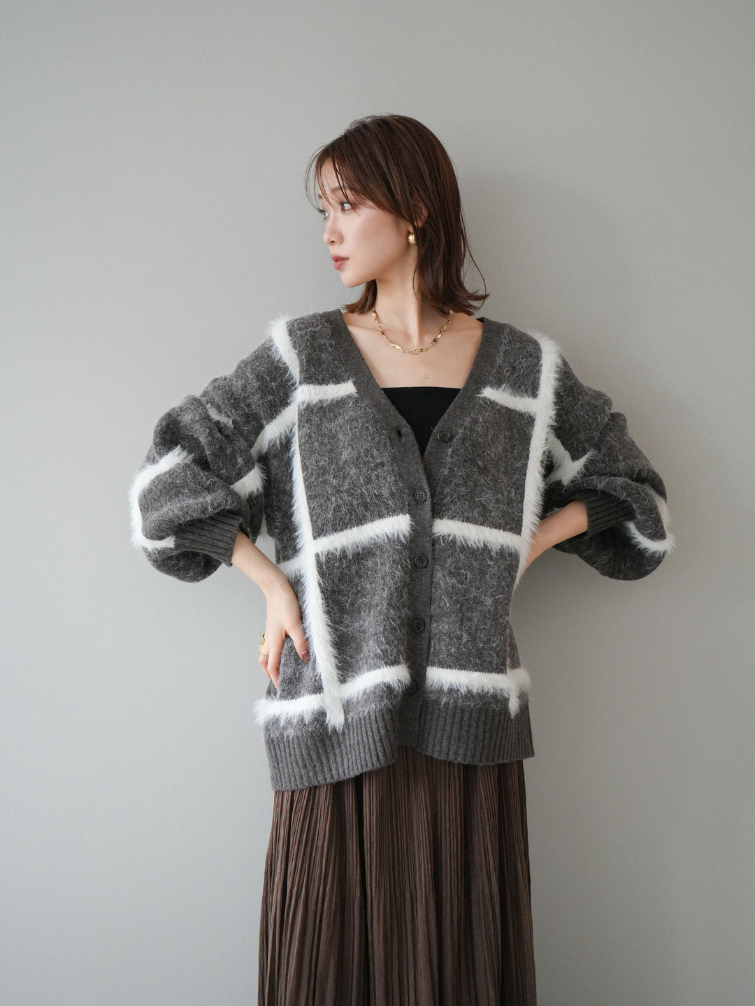 [予約]ミックスシャギーチェックカーディガン/brown