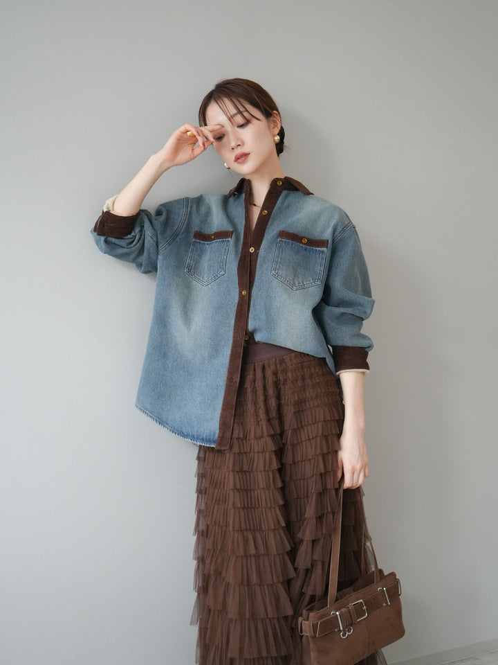[予約]裏起毛コーデュロイ襟デニムシャツジャケット/ blue