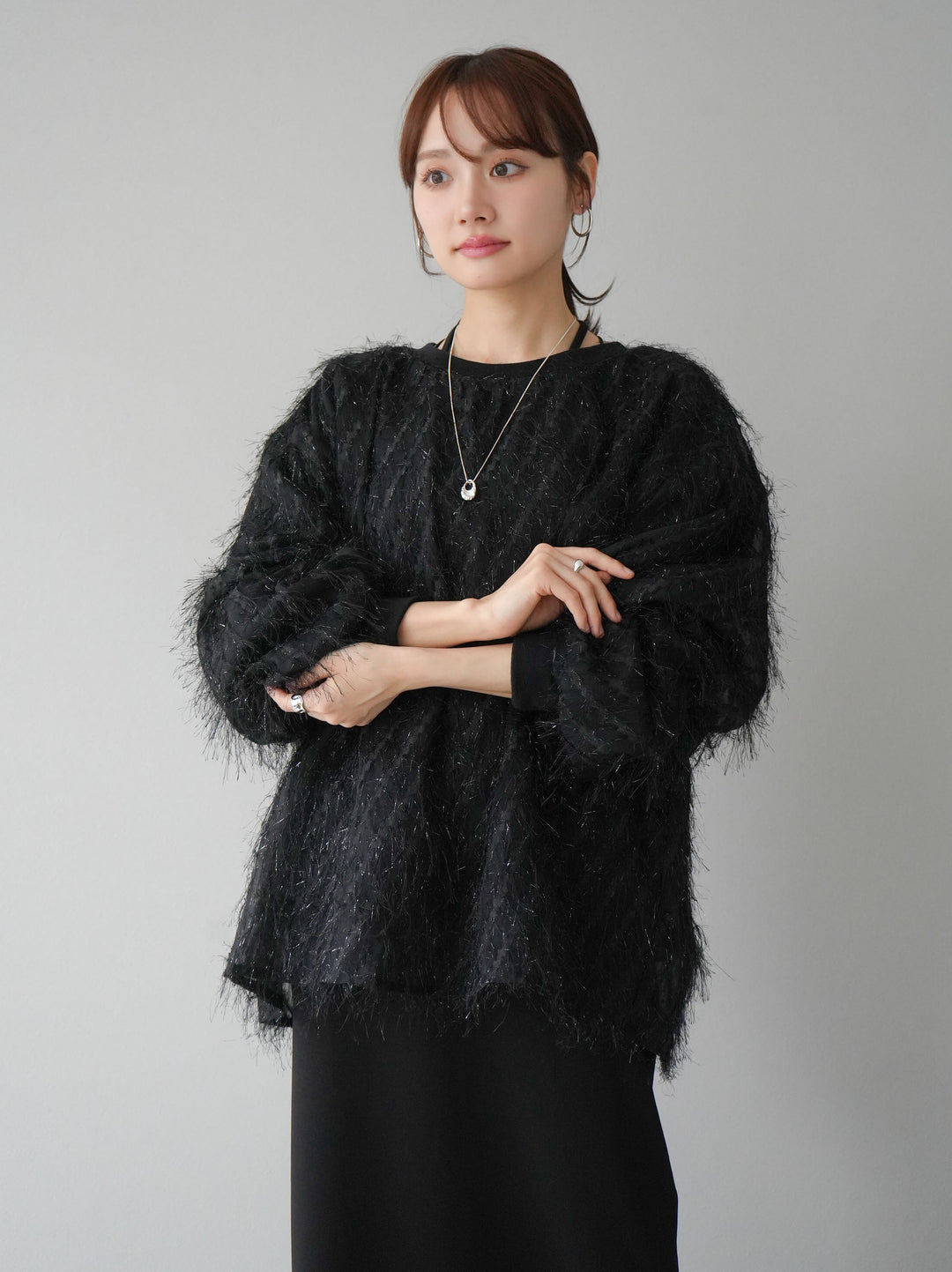 【預購】流蘇薄紗多層抓絨套頭衫/黑