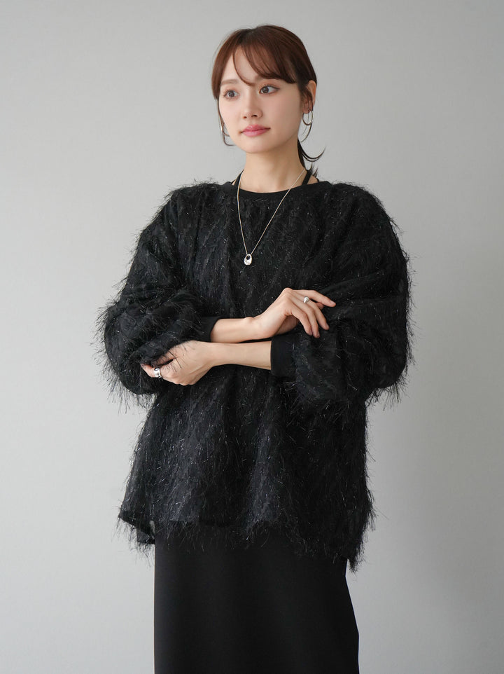 【預購】流蘇薄紗多層抓絨套頭衫/黑