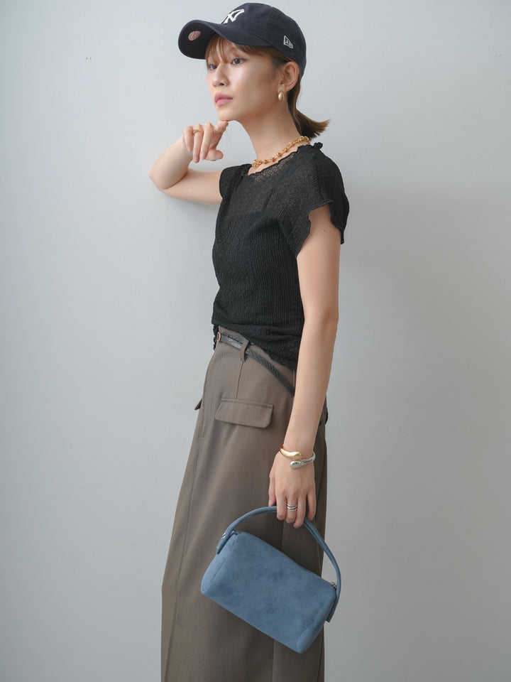 [SET]シャーリングシアーバックオープンフレンチトップス+クレープデシンフラップ付きストレートスカート(2set)