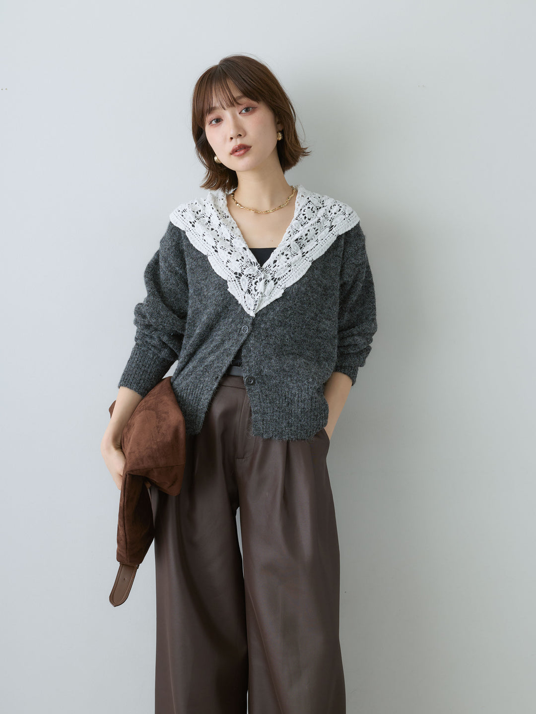 [SET]モヘアレースショールカラーカーディガン+選べるアクセセット(2set)