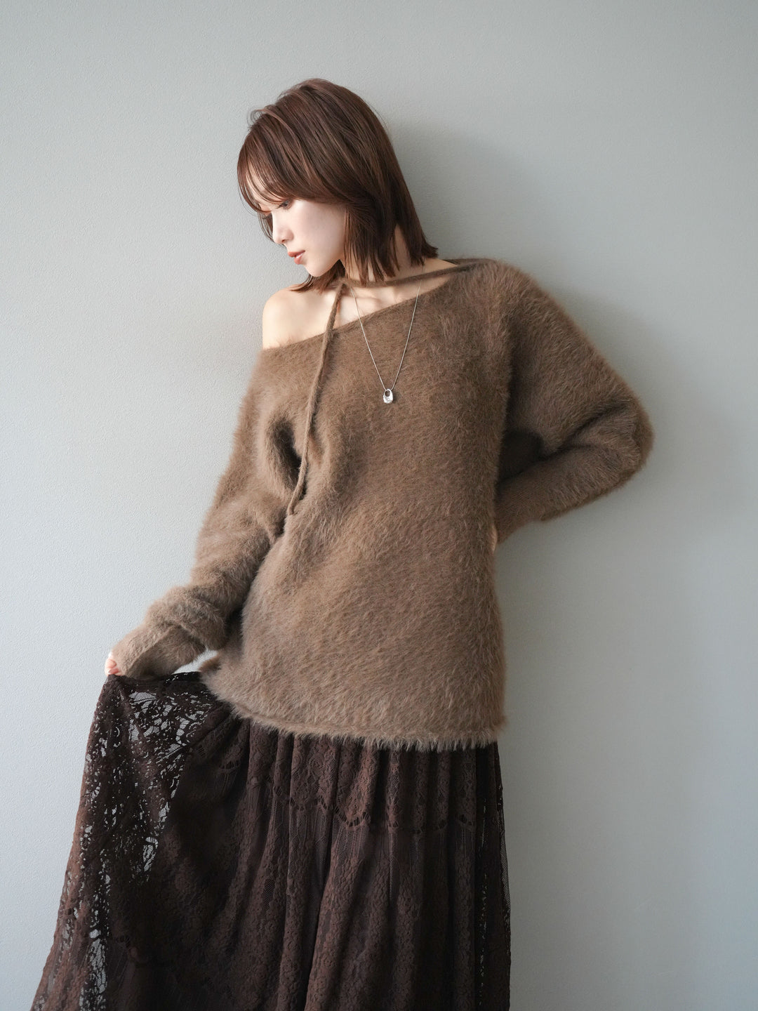 [予約]紐付きシャギーニットプルオーバー/camel