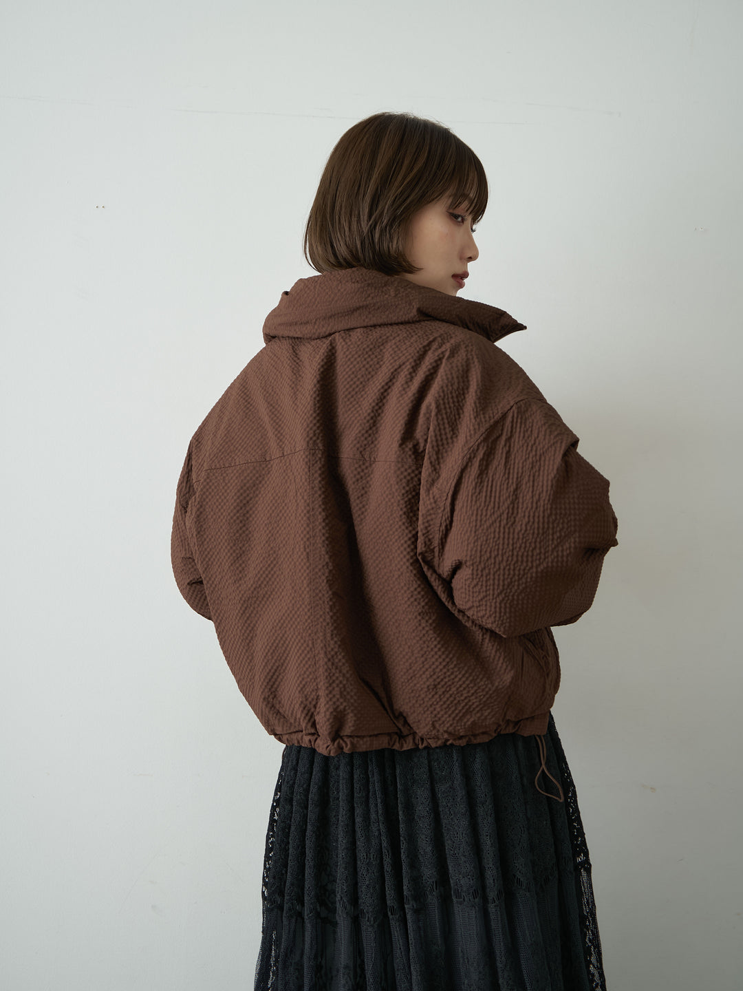 [SET]スタンドカラーショートパフジャケット+ベロアレースドレープフレアスカート(2set)