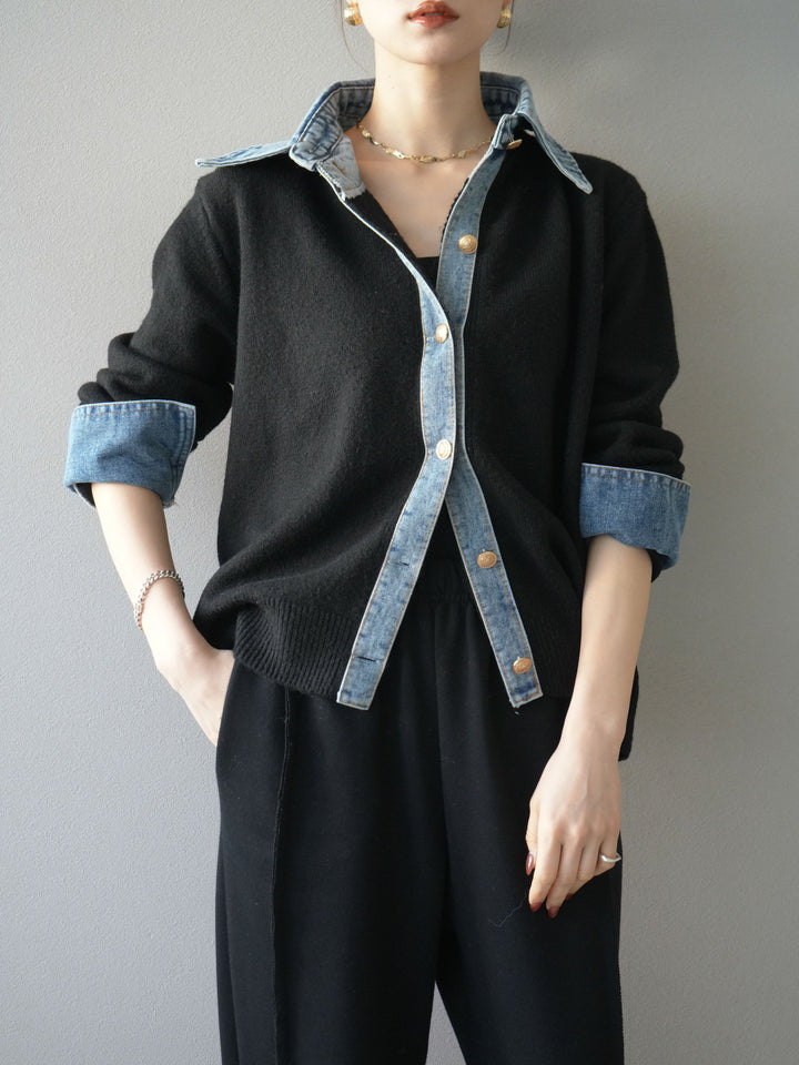 [予約]デニム襟ボタンニットカーディガン/black