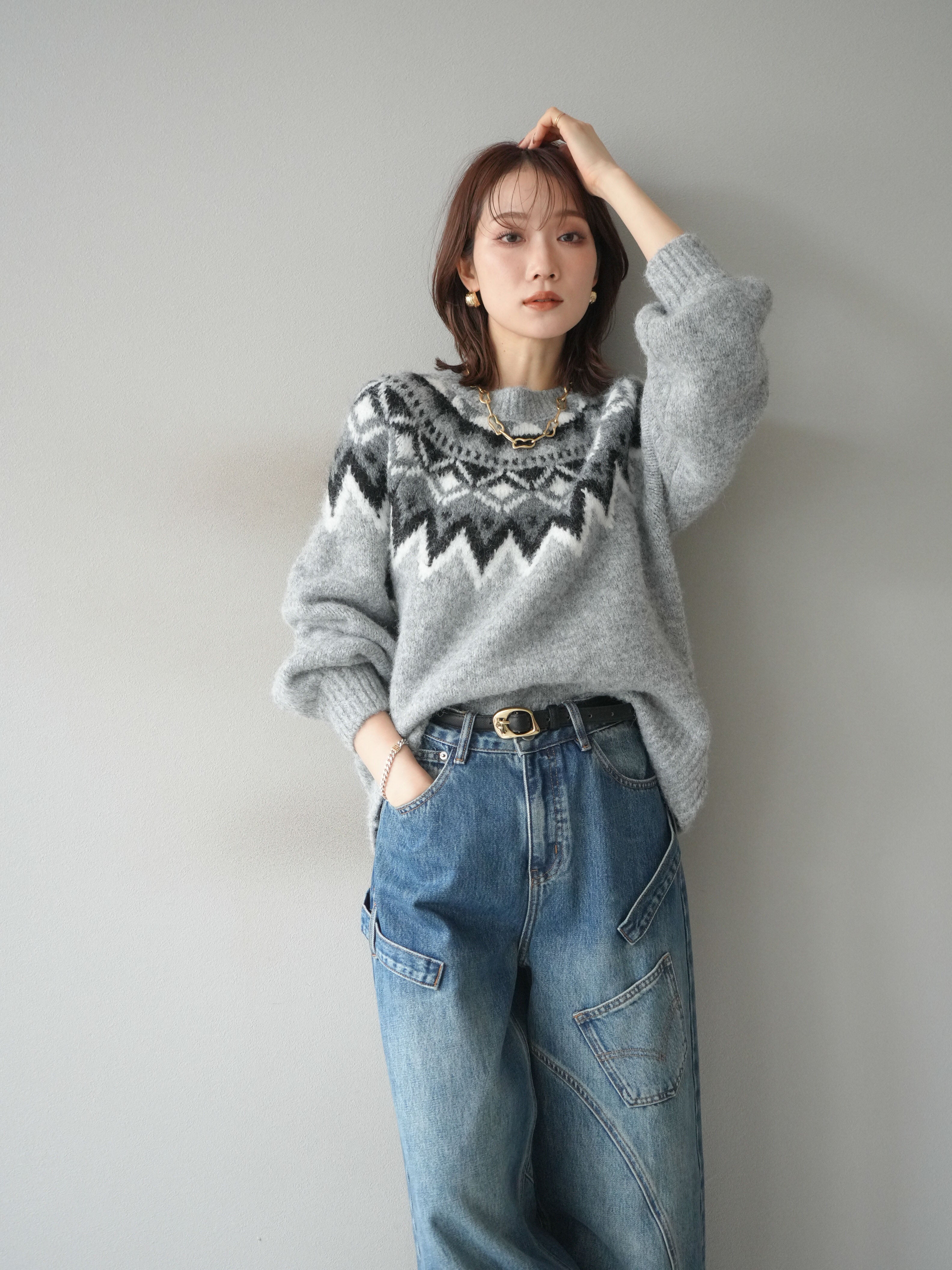 Lumier リュミエ　ペインターカーブデニムパンツ SET]求心柄クロップドニットカーディガン+ペインターカーブデニム