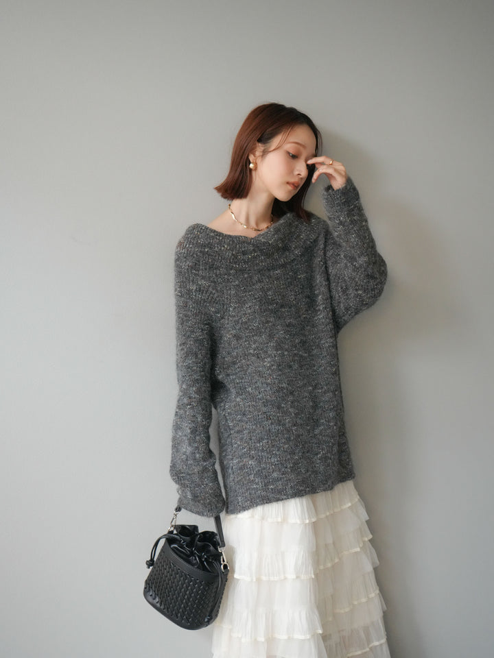 [予約]ミックスヤーンオフショルルーズニットプルオーバー/グレー