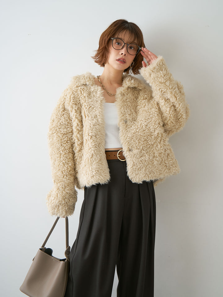 [SET]プードルファーショートジャケット+ツイルタックワイドパンツ(2set)