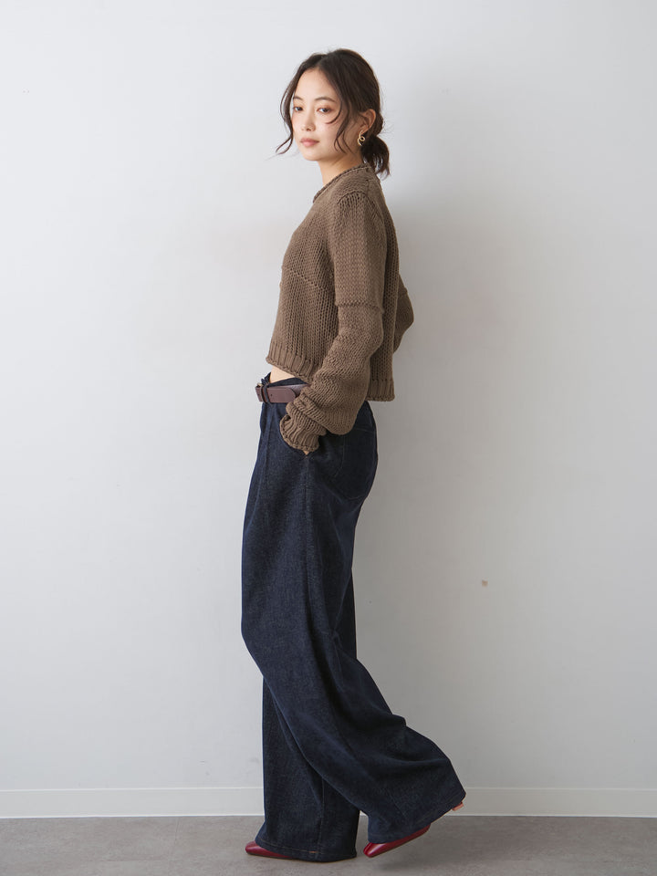 [SET]シームデザインクロップニットトップス+ベロアデニムタックワイドパンツ(2set)