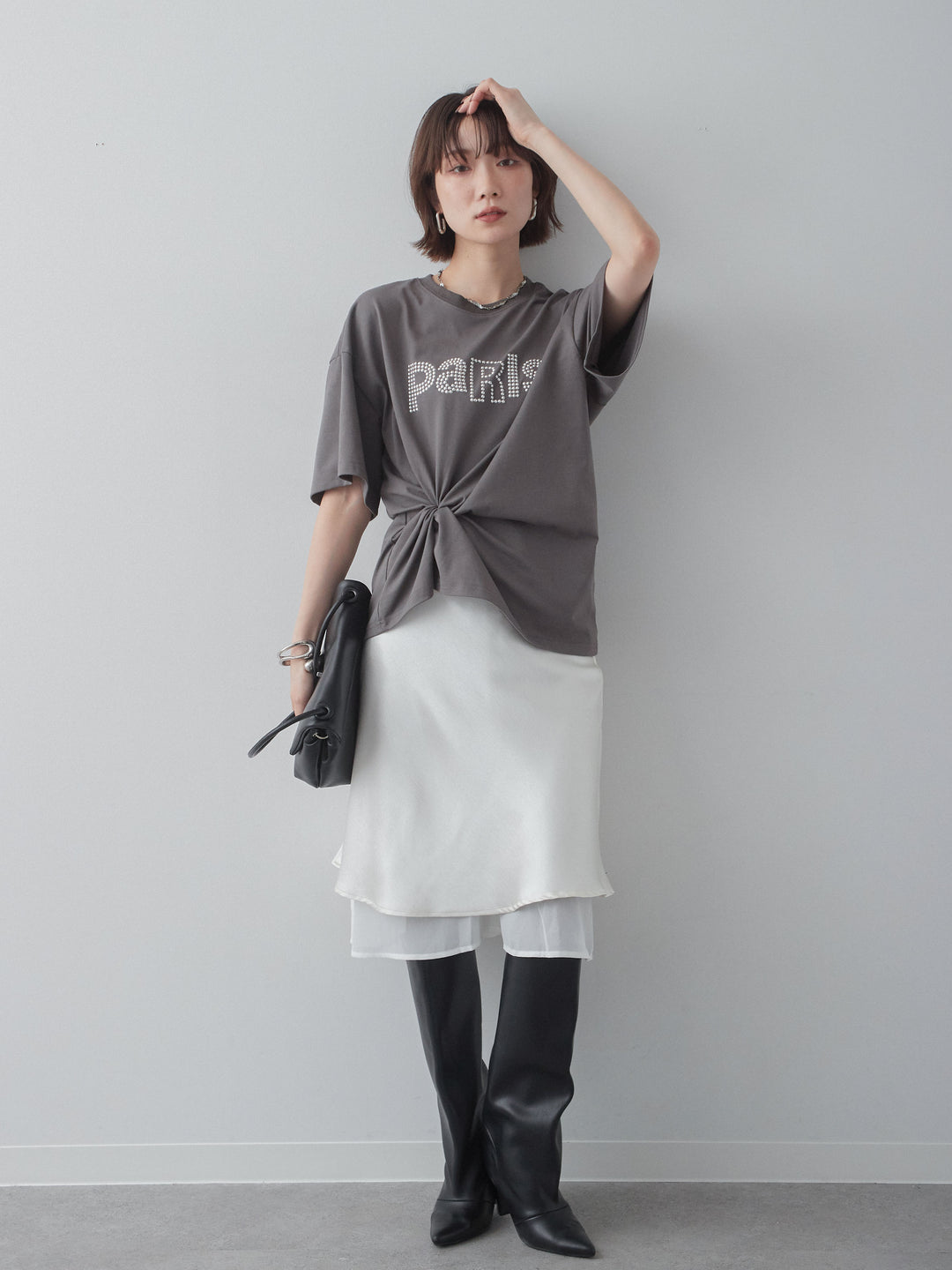 [SET]スタッズロゴTEE+サテンシフォンレイヤードスカート(2set)