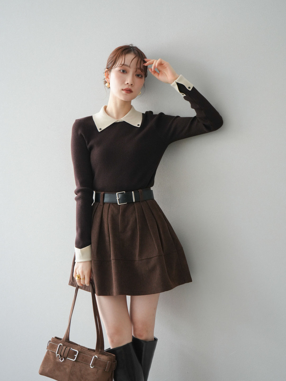 [予約]ニットカフス襟付き配色リブニットトップス/brown