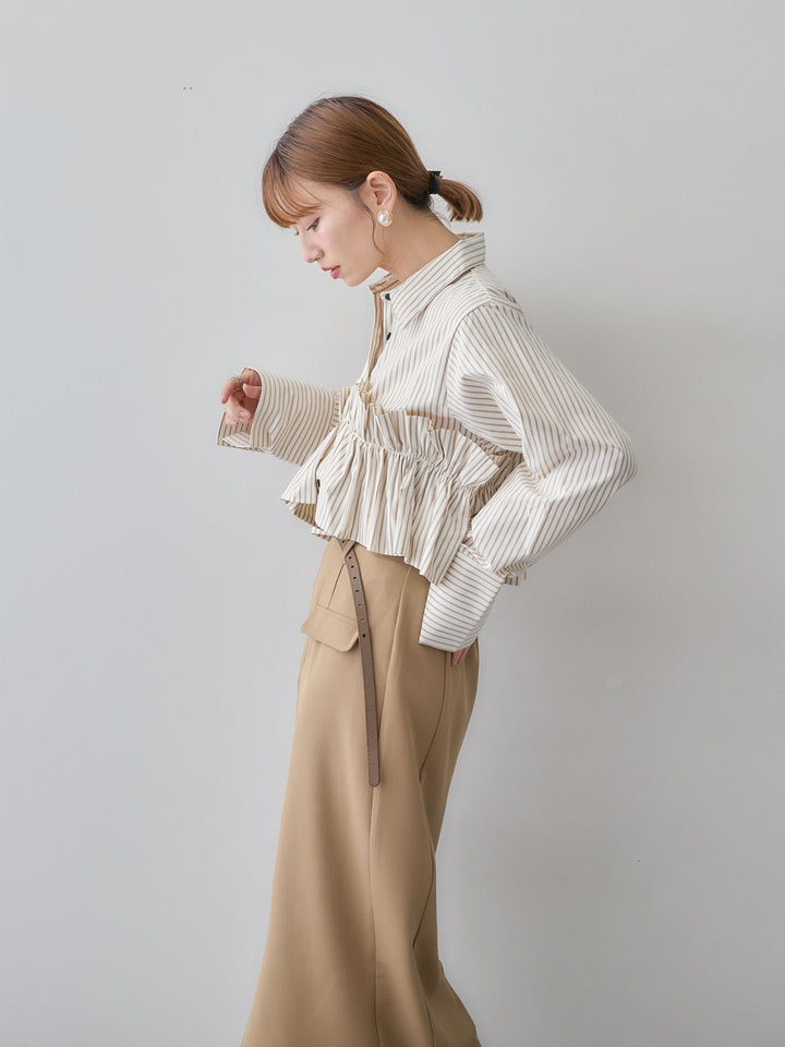 [SET]ストライプフリルシャツ+クレープデシンフラップ付きストレートスカート(2set)