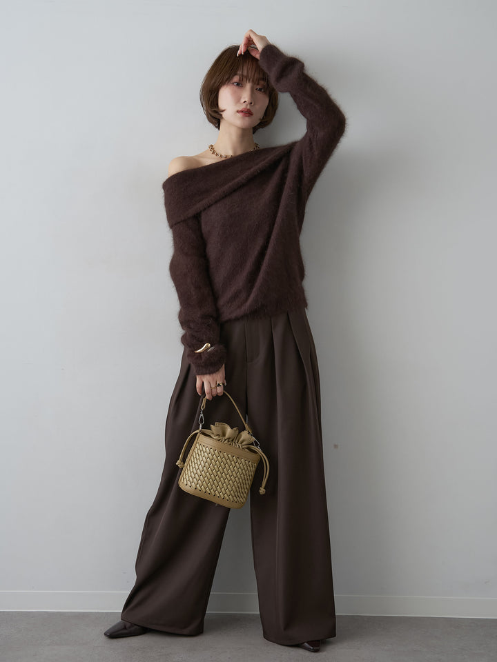 [SET]オフショルソフトシャギーニットトップス+ツイルタックワイドパンツ(2set)