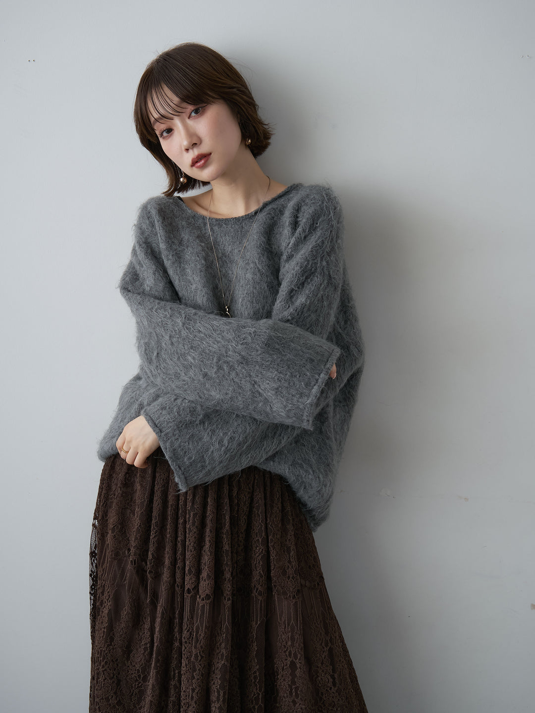 [予約]ボートネックシャギーオーバーニットトップス/darkgray
