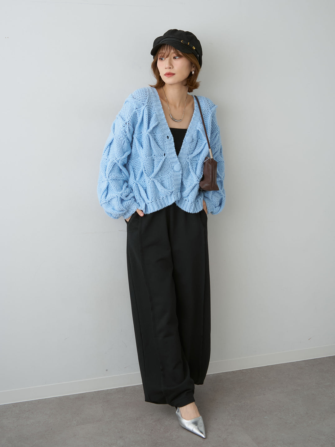 [SET]ダイヤ編立体ニットカーディガン+2WAYデザインスウェットパンツ(2set)