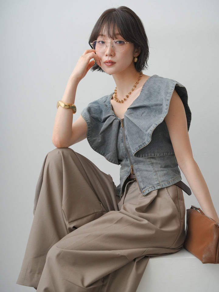 [SET]フロントジップフリルカラーデニムトップス+ショルダータックノースリーブオーバーTEE+ベルトループカーブタックワイドパンツ(3set)
