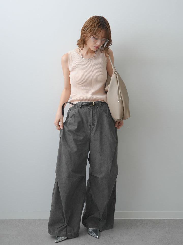 [SET]チュールトリムリブニットタンクトップ+ウォッシュタックカーブパンツ(2set)