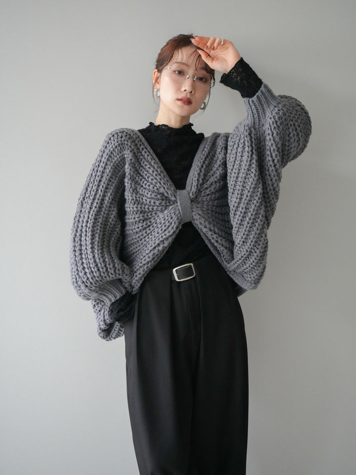 [SET]ローゲージ畦編みドルマンニットボレロ+起毛レースプチネックトップス+ベルトループデザインワイドパンツM(3set)