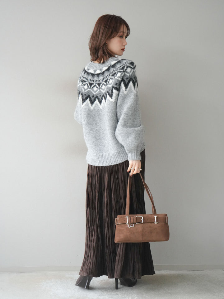 [SET]求心柄オーバーニットプルオーバー+スエードワッシャープリーツスカート(2set)