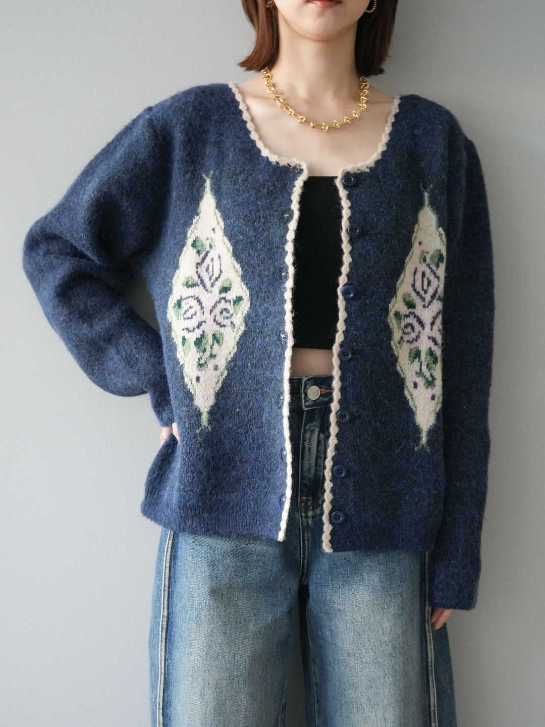 [予約]アンティークフラワージャガードニットカーディガン/navy