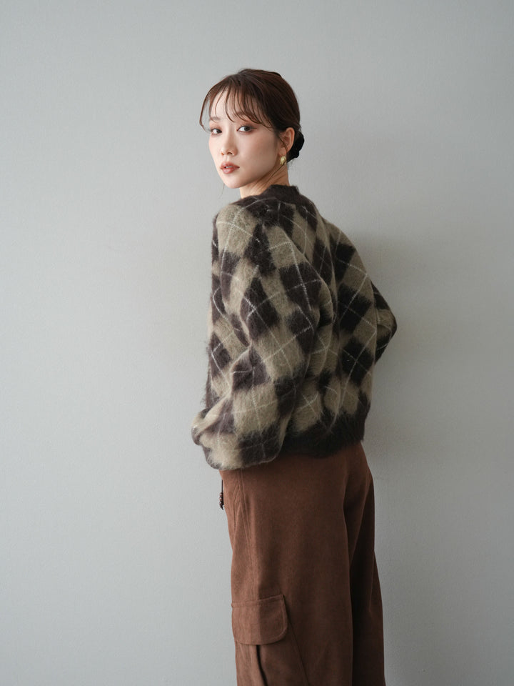 [予約]アーガイルシャギーニットカーディガン/brown