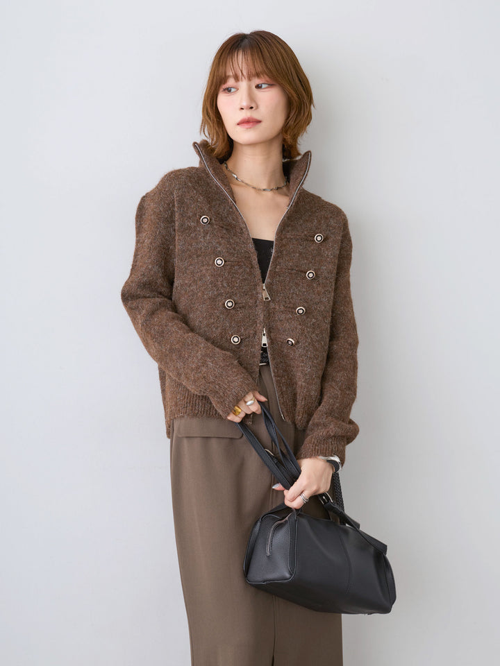 【套裝】拿破崙拉鍊針織開襟衫+內置罩杯羅紋無肩帶吊帶背心+縐綢直筒翻領半身裙（三件套）