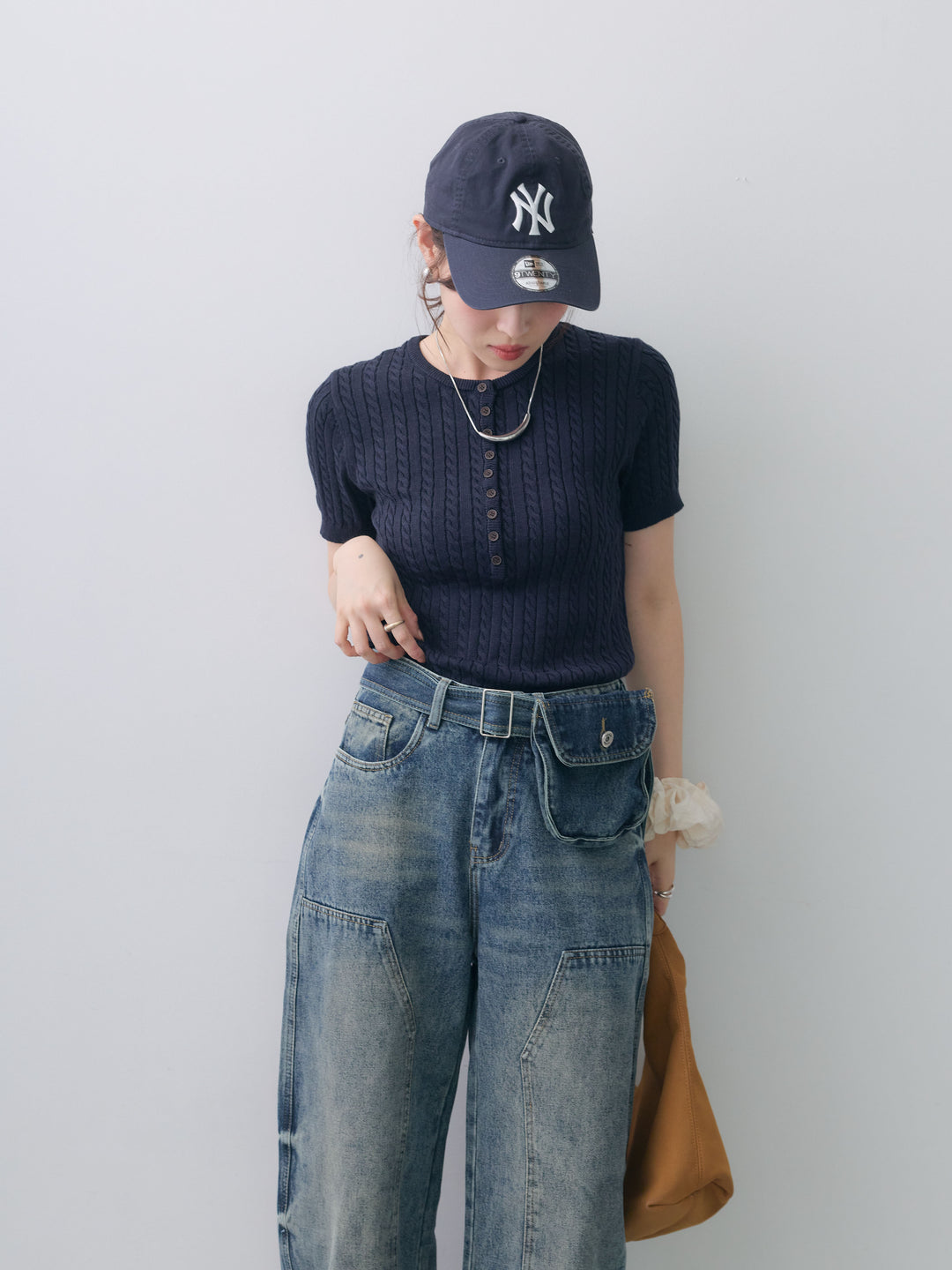 [予約]ヘンリーケーブルハーフニットトップス/blue