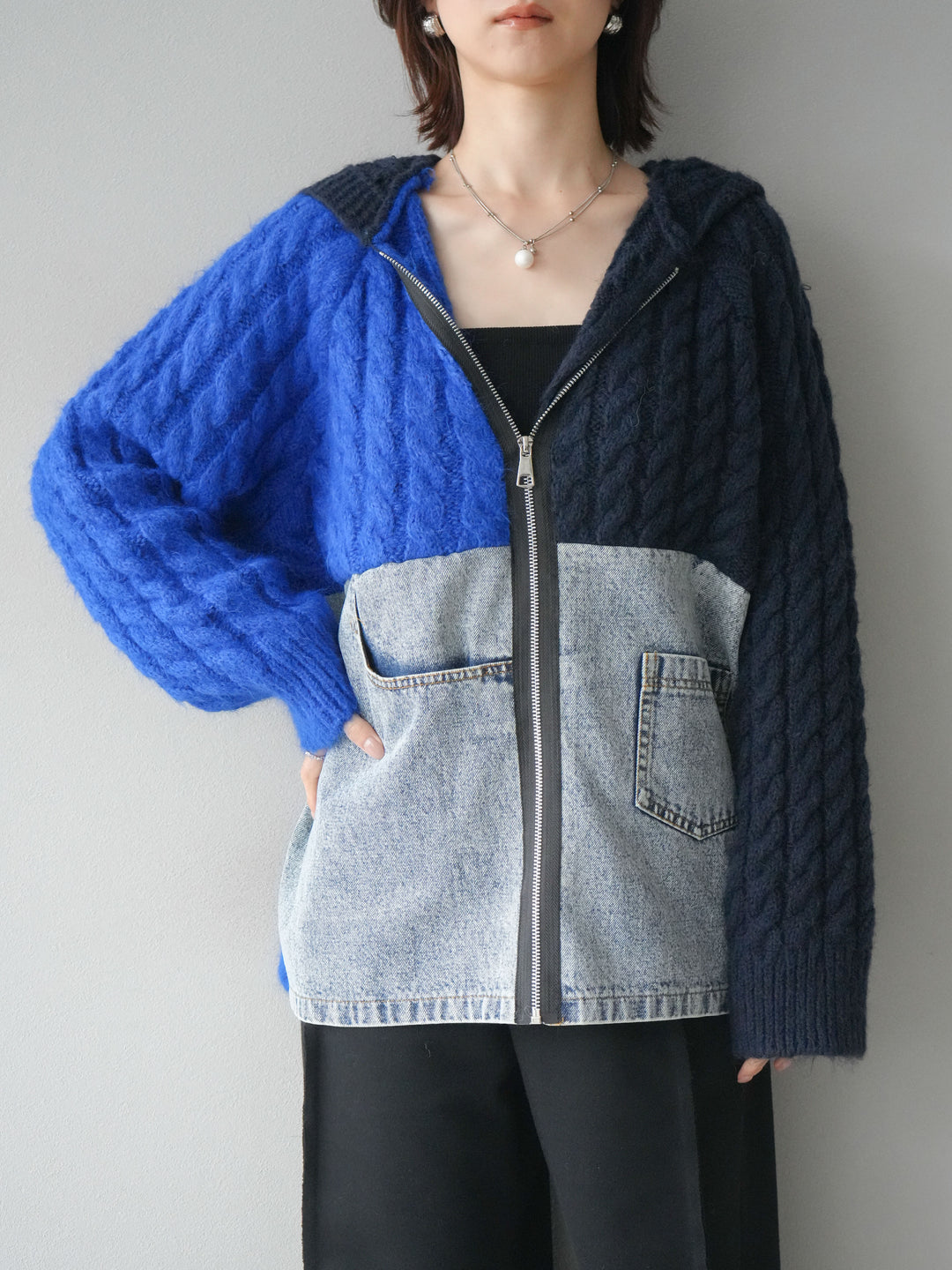 [予約]デニム×バイカラーニットZIPフーディ/blue