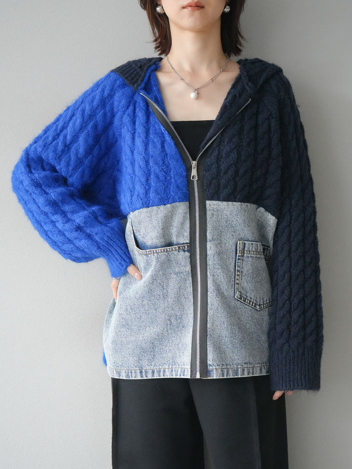[予約]デニム×バイカラーニットZIPフーディ/blue