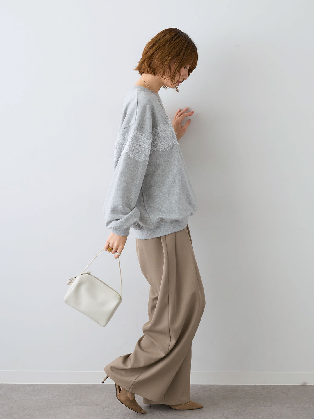 [SET]裏毛レースドッキングプルオーバー+ツイルタックワイドパンツ(2set)