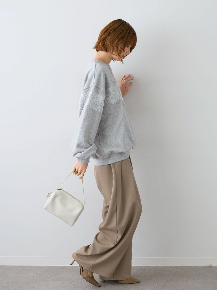 [SET]裏毛レースドッキングプルオーバー+ツイルタックワイドパンツ(2set)
