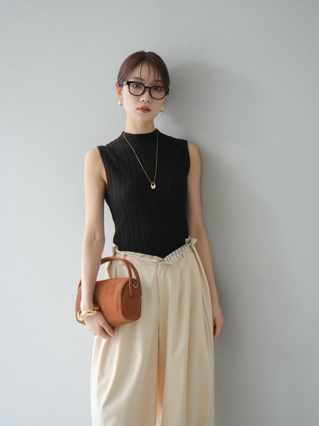 [予約]スリーブレスランダムリブニットトップス/ブラウン