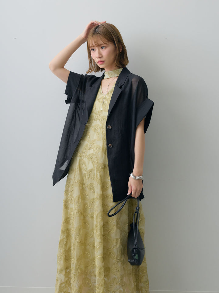 【套裝】葉子刺繡吊帶洋裝+透視寬鬆短袖外套（兩件套）