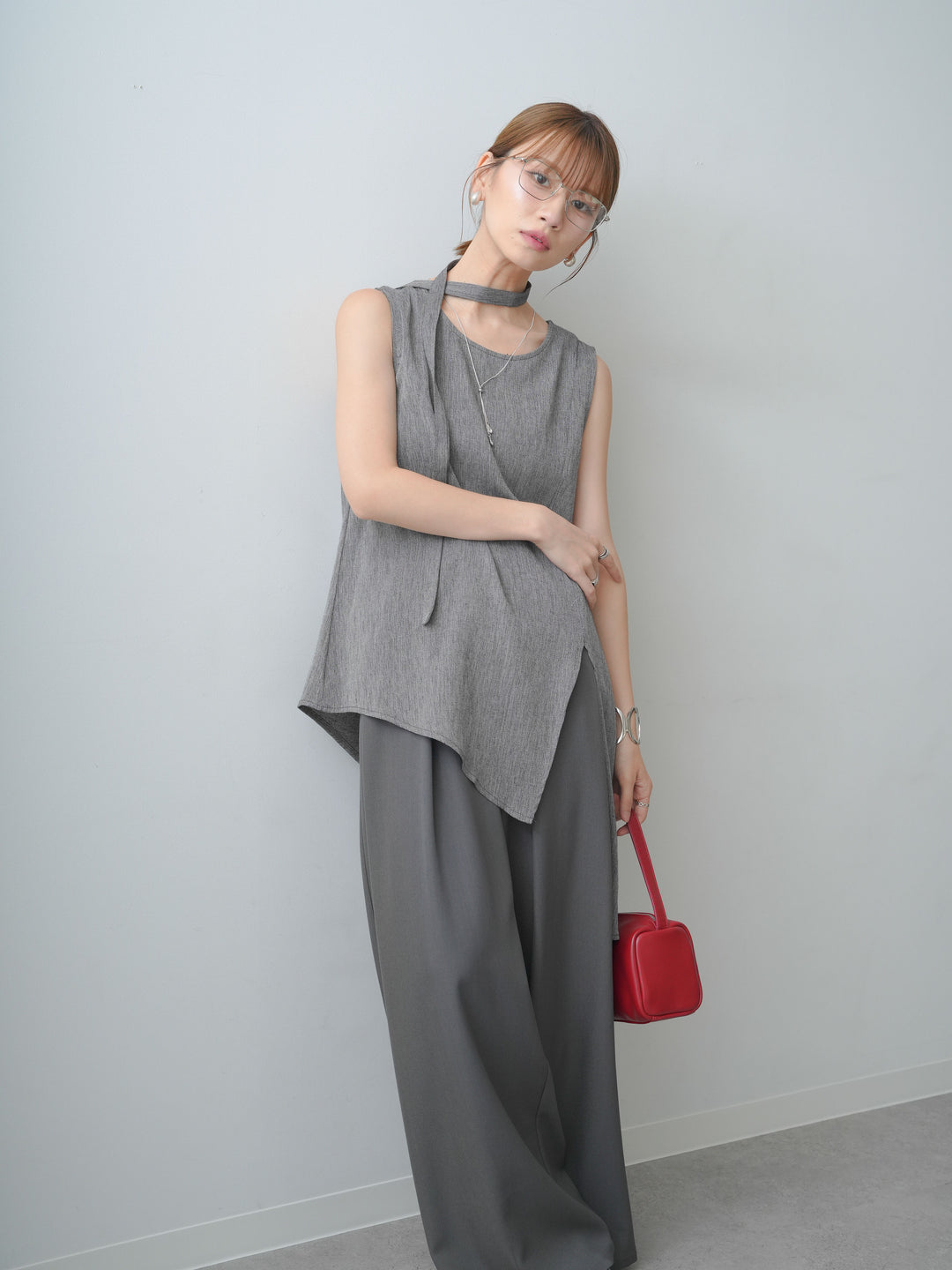 [SET]タイ付アシメヘムノースリトップス+ベルトループデザインワイドパンツ(2set)