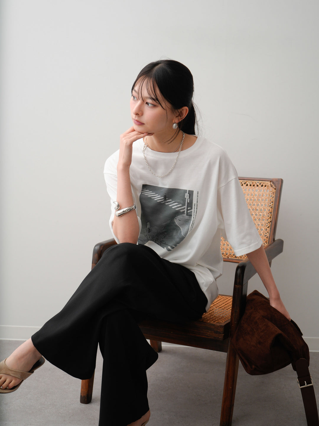 [SET]フォトプリントロゴTEE+アシンメトリーベルトタックワイドパンツ(2set)