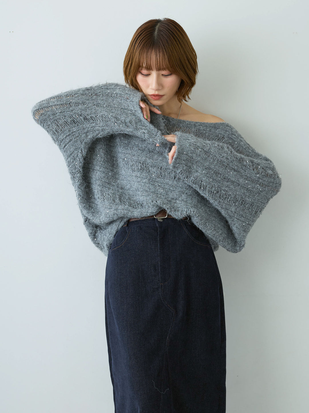 [予約]ミックス透かし編ワイドネックニットトップス/gray