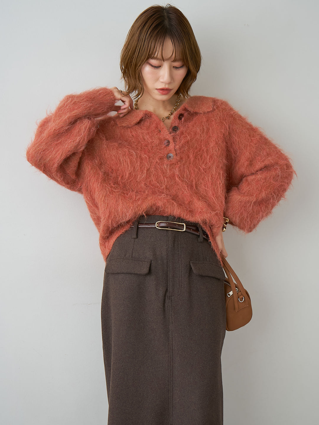 [SET]ヘンリーシャギーニットトップス+メルトンフラップ付ストレートスカート(2set)