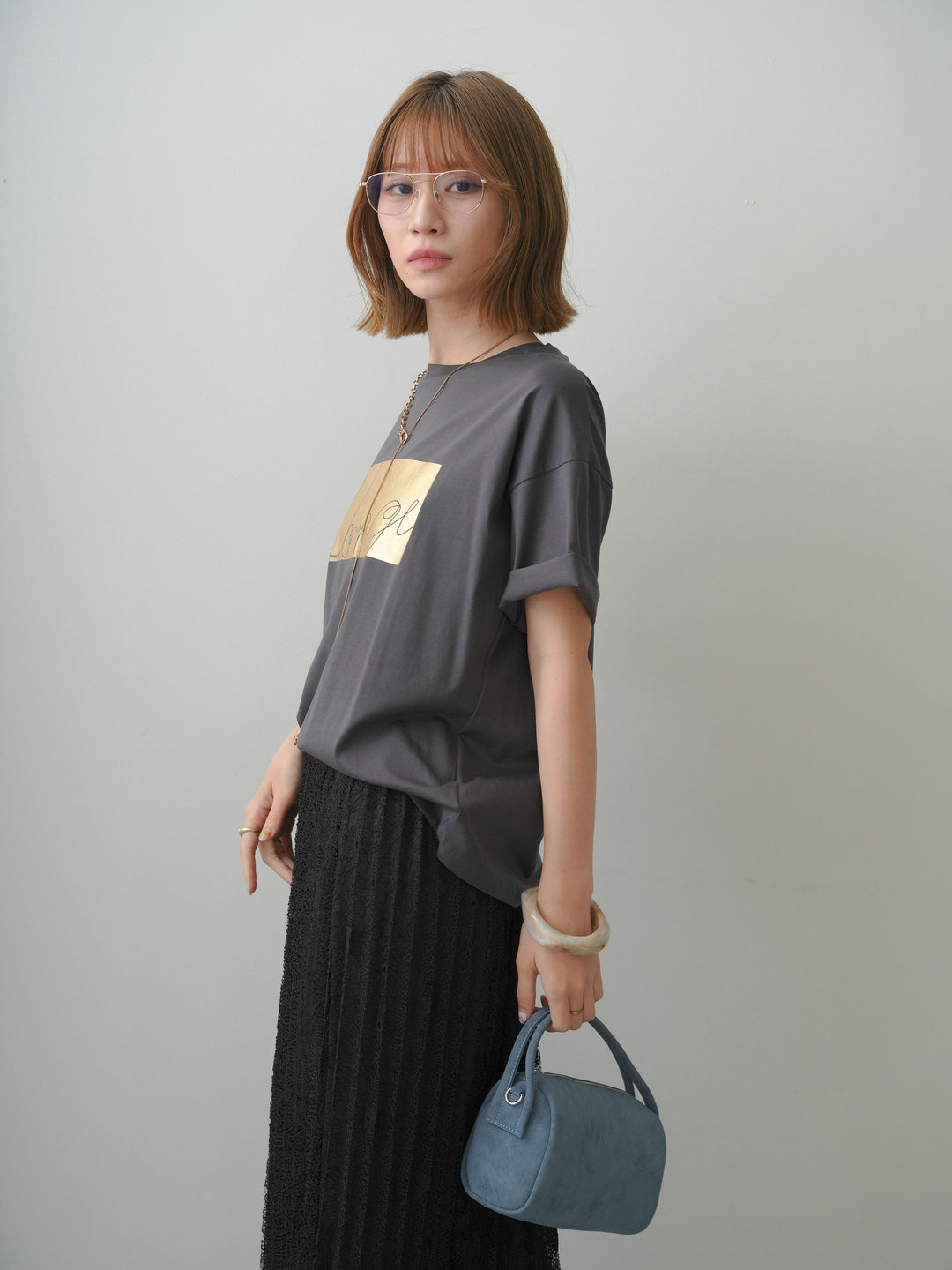 [SET]箔プリントボックスTEE+フローラルレースプリーツスカート(2set)