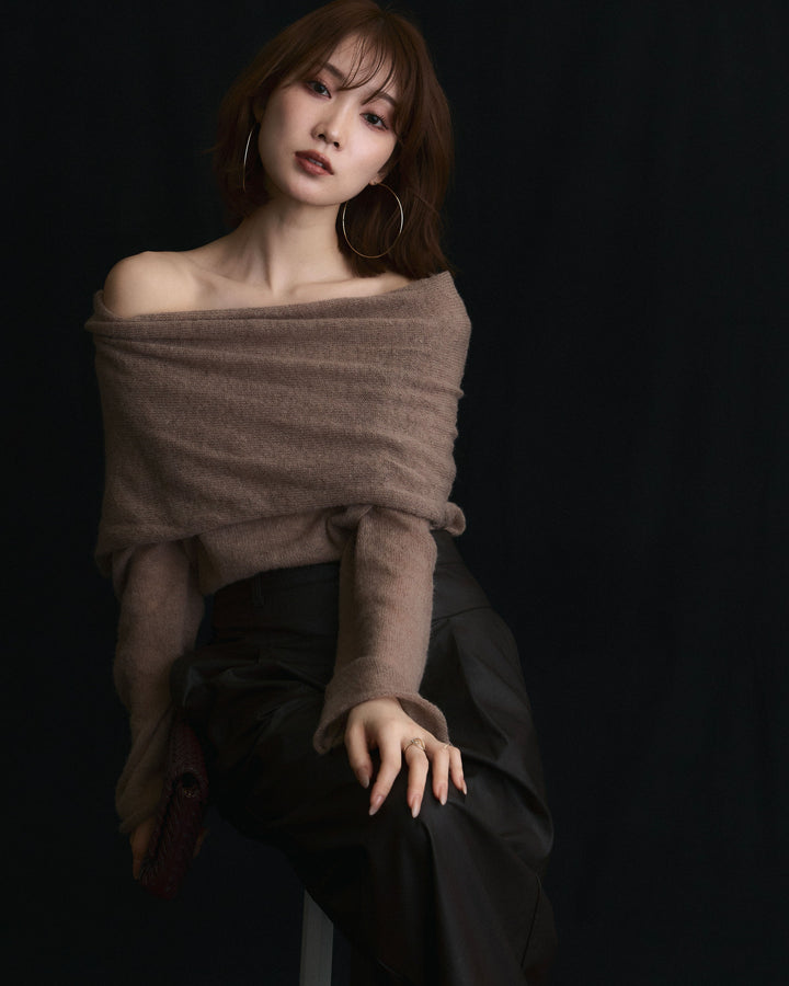 【Allure】[SET]オフショルシアーニットプルオーバー+レザータックセミワイドパンツ(2set)