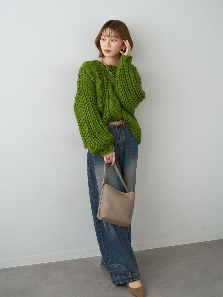 [SET]ボリュームケーブルニットプルオーバー+ヘムデザインワイドデニムパンツ(2set)