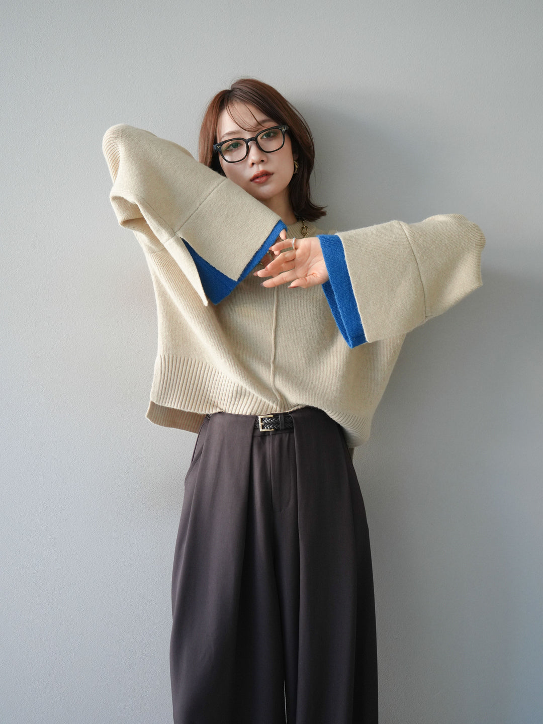 [予約]袖レイヤード配色ニットプルオーバー/ivory