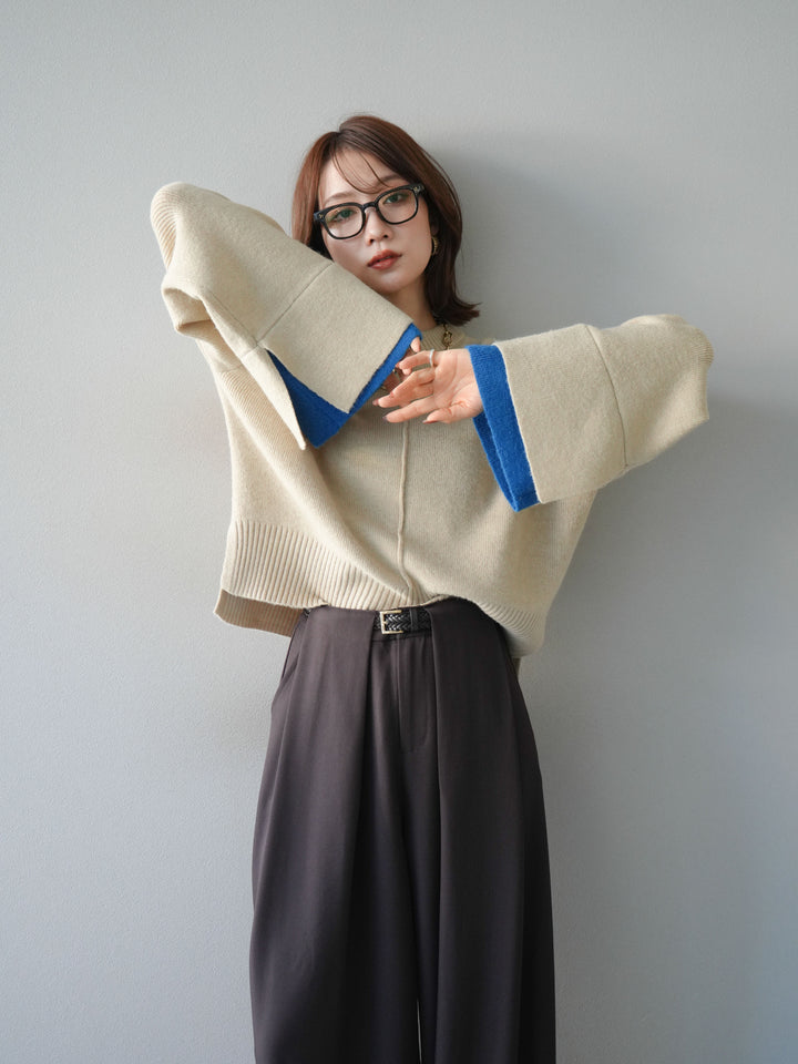 [予約]袖レイヤード配色ニットプルオーバー/ivory